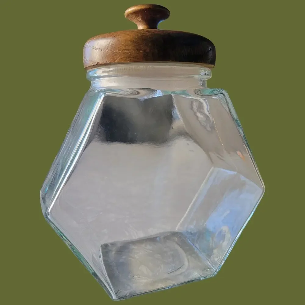 Vintage 1970s Libbey of Canada Hexagon Glass Storage Jar with Wood Lid